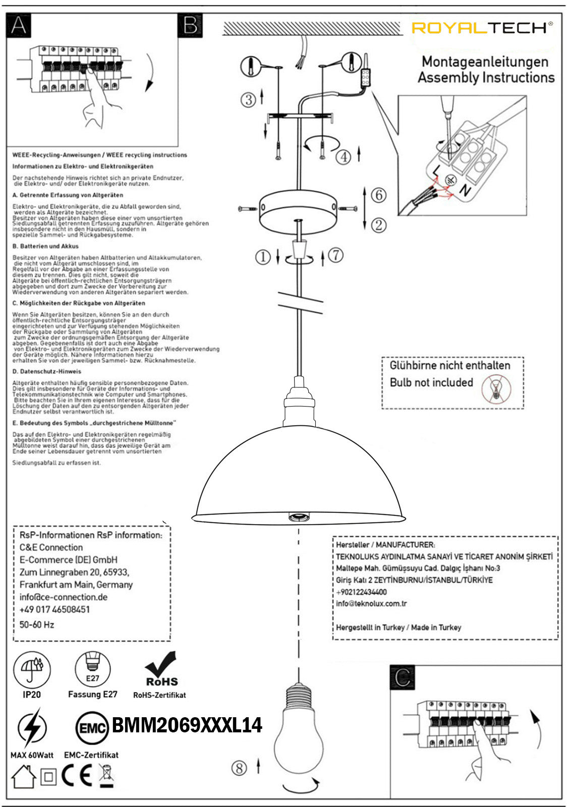 Yimpi Tumbled Chandelier Einzelne Pendelleuchte