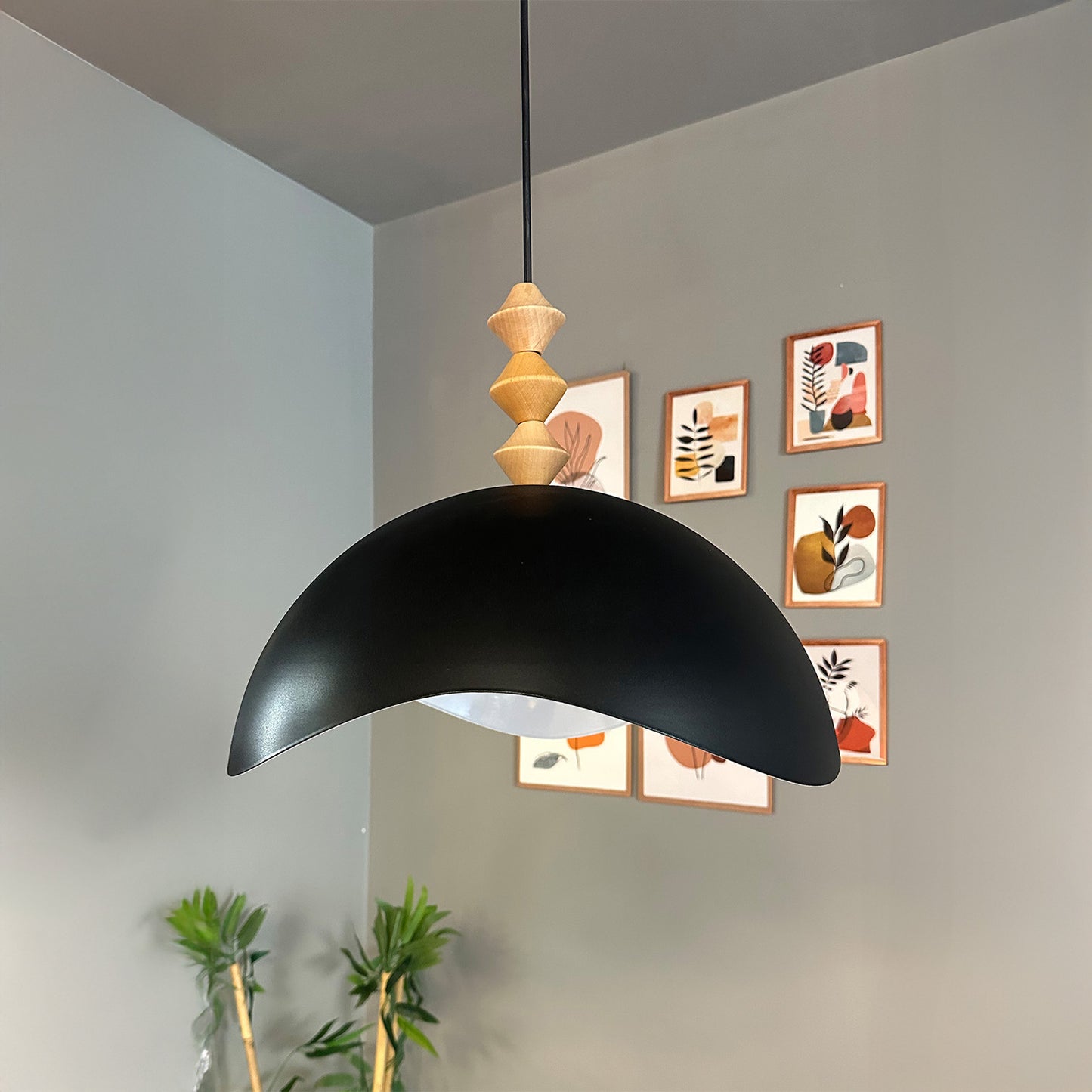 Luna Pendelleuchte aus Holz 40 cm, Hängelampe Metall E27 Moderne Lampe, Skandinavisch Pendellampe