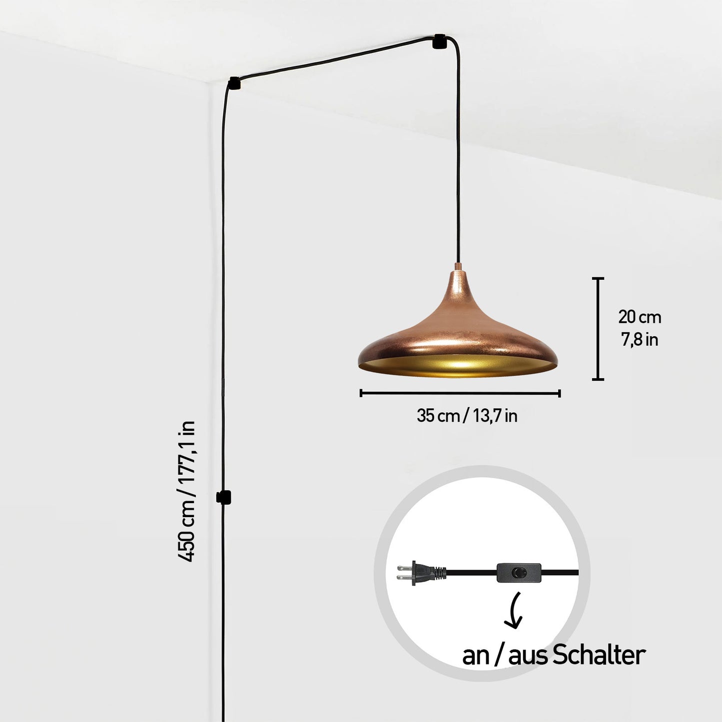 Bamyum Champion Metall mit 450 cm Kabel Schalter EU Stecker, Hängelampe