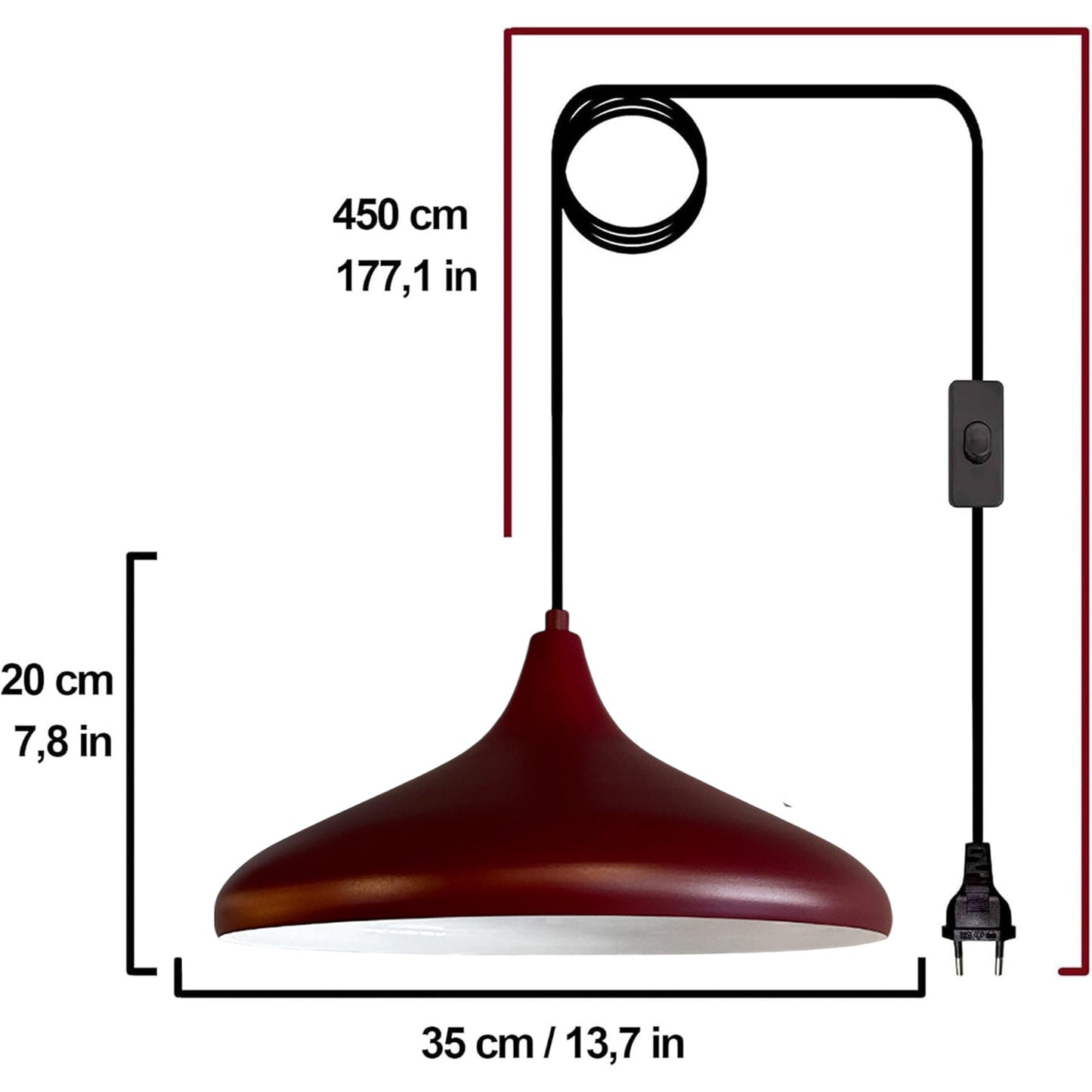 Bamyum Champion Metall mit 450 cm Kabel Schalter EU Stecker, Hängelampe
