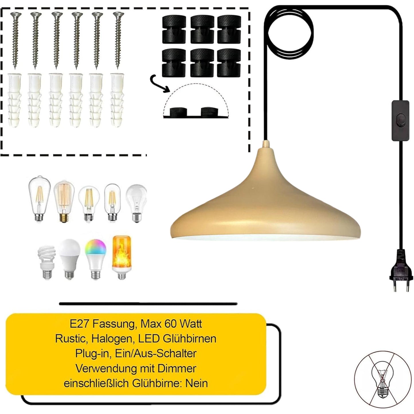 Bamyum Champion Metall mit 450 cm Kabel Schalter EU Stecker, Hängelampe