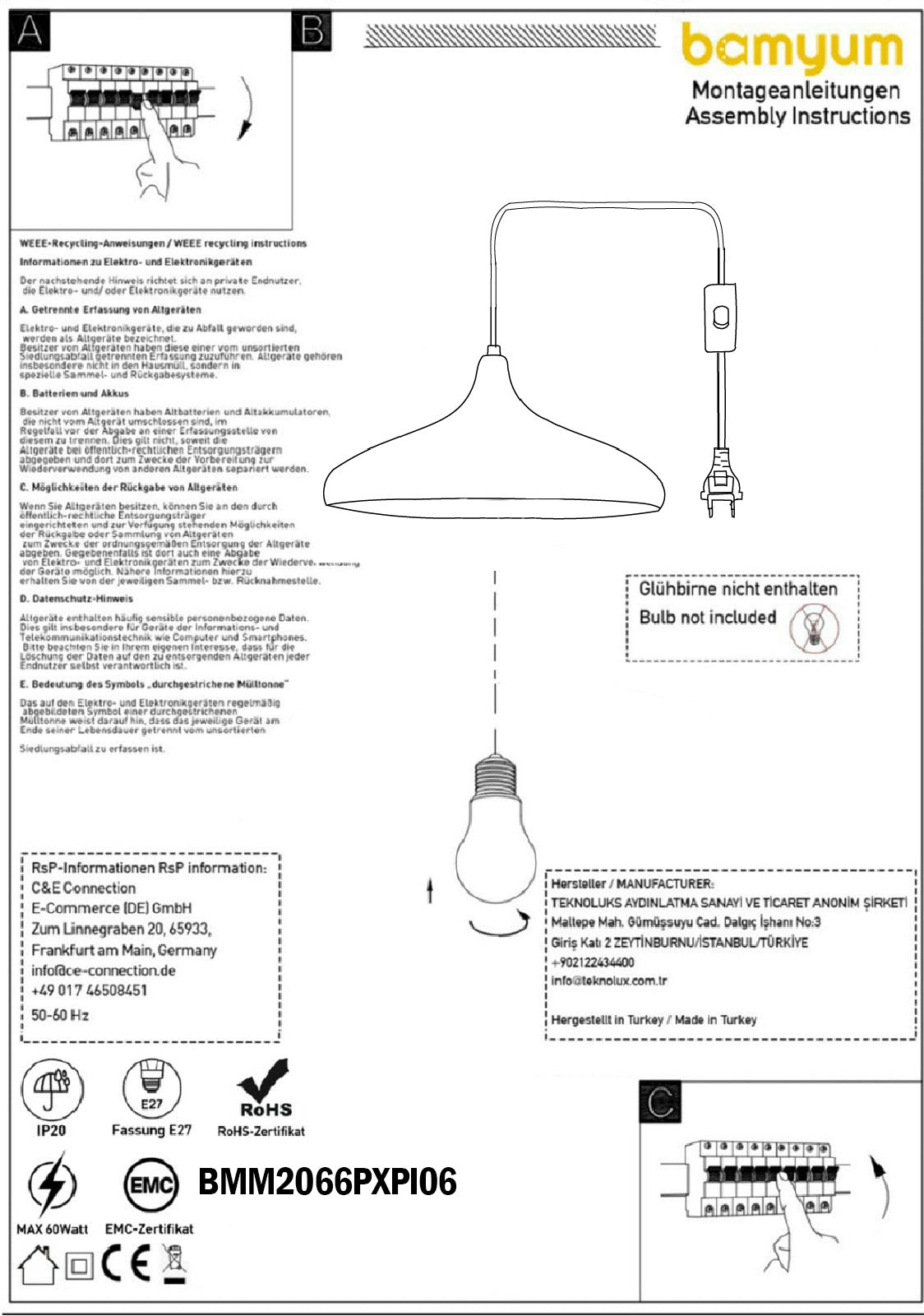 Bamyum Champion Metall mit 450 cm Kabel Schalter EU Stecker, Hängelampe