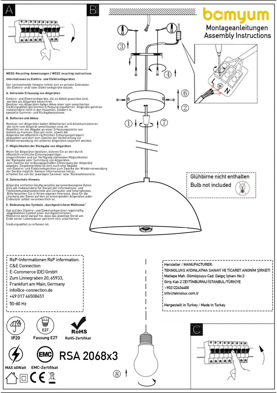 3x Lampe E27 Metall