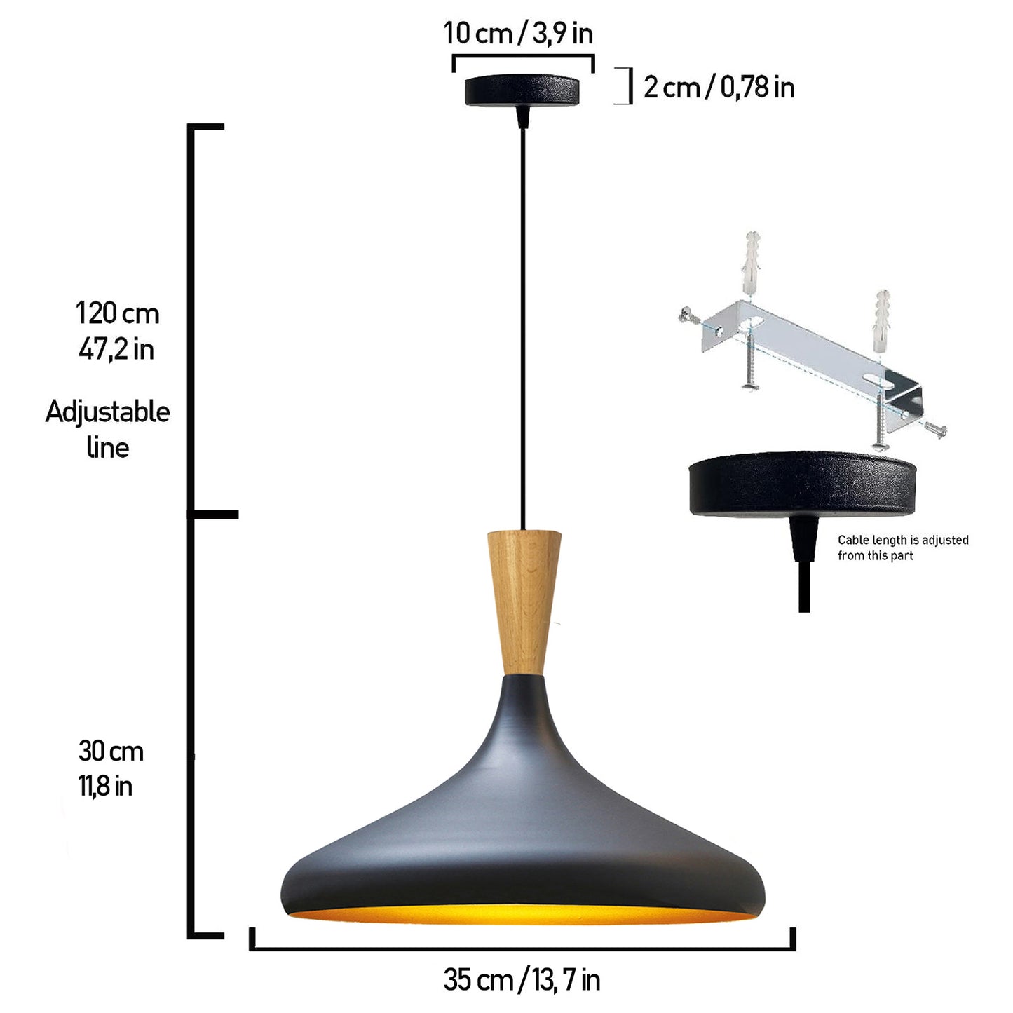 Champion Pendelleuchte aus Holz, 35 cm Hängelampe Metall E27 Moderne Lampe