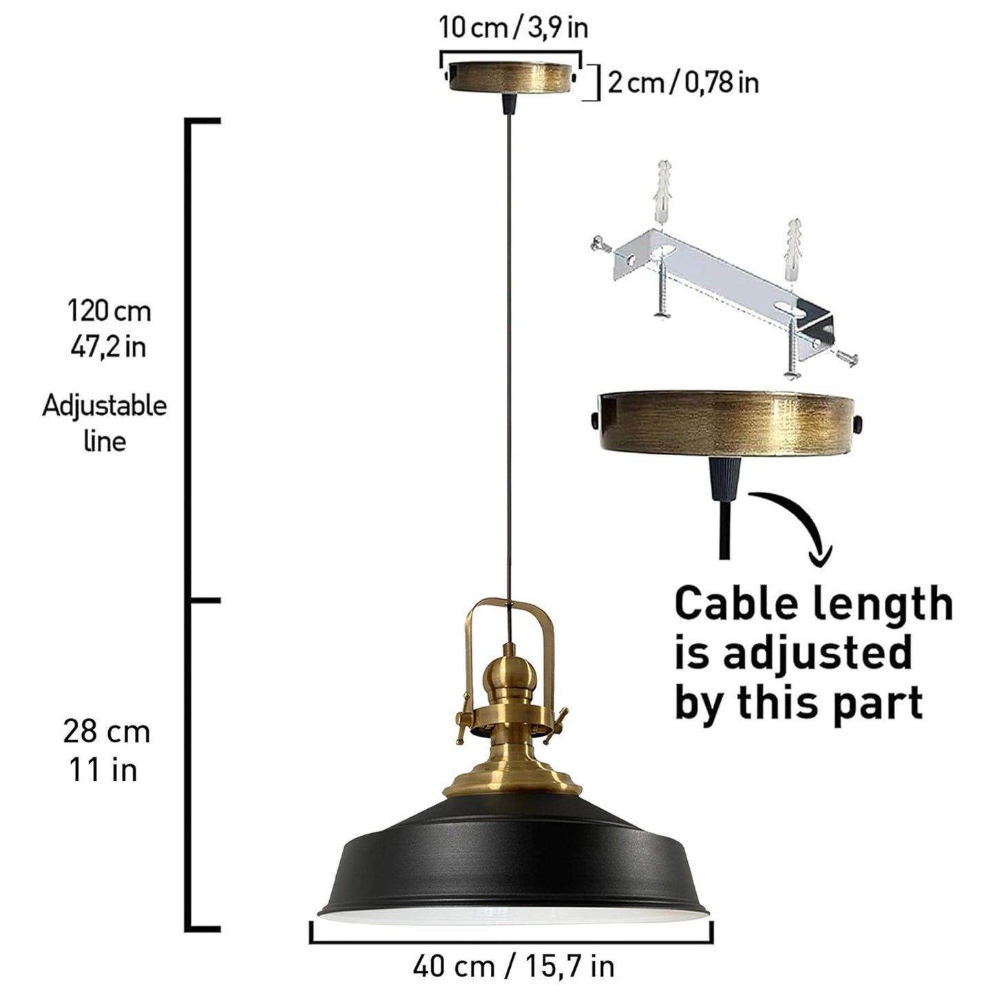 Pendelleuchte Hängelampe Industrial Schwarz Weiß Metall, Ø40cm, E27, Vintage Lampe