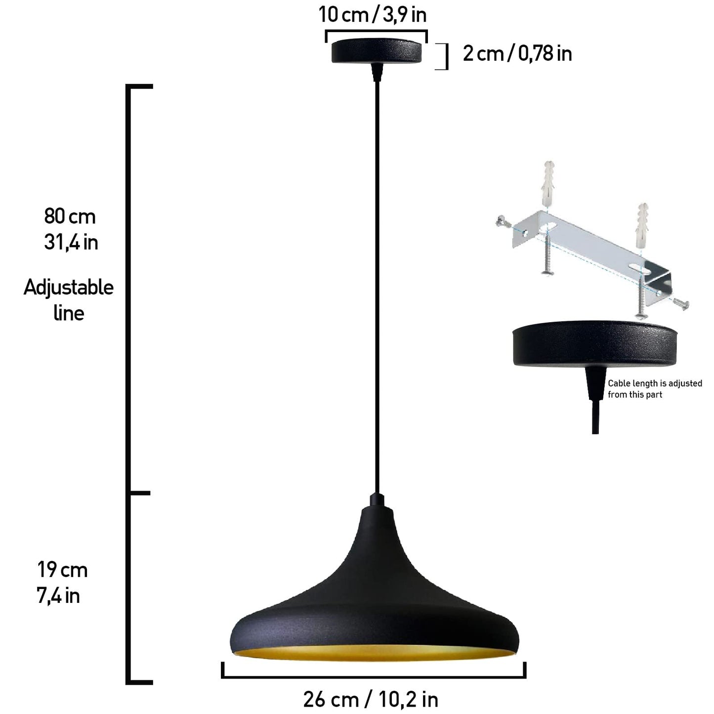 Bamyum Pendelleuchte Schwarz/Gold-Durchmesser 26 cm Metall E27 Moderne Hängelampe